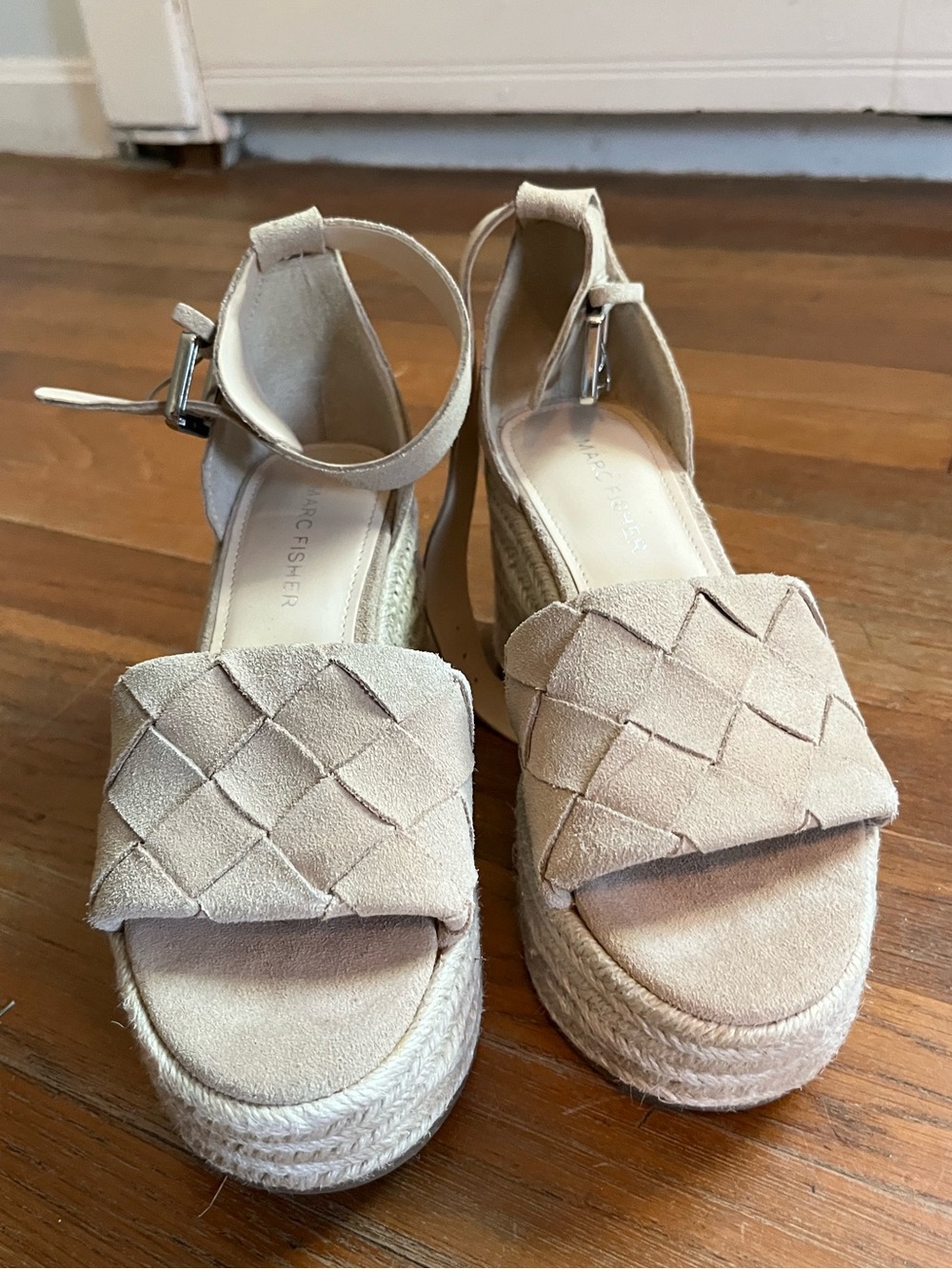 Woven Suede Espadrille Platform Sandals - Beige